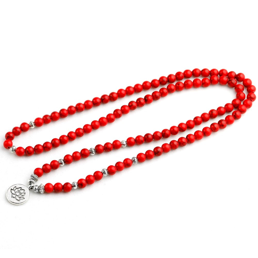 Woman Mala Necklace &amp; bracelets Red Howlite Stone 6MM Beaded Yoga Bracelet Buddha Lotus 108 Beads Yoga Bracelets Jewelry - Charlie Dolly