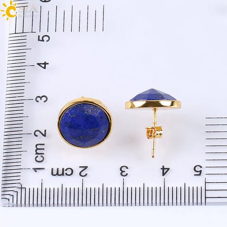 CSJA Gold Color Round Stud Earrings Natural Gem Precious Stone Green Black Obsidian Lapis Lazuli Amethysts Crystal Jewelry E597 - Charlie Dolly