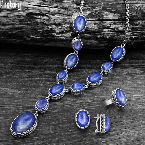 Vintage Natural Lapis Lazuli Necklace Ring Stud Earring Jewelry Sets Antique Silver Plated Quartz Unakite Stone Quartz Set - Charlie Dolly