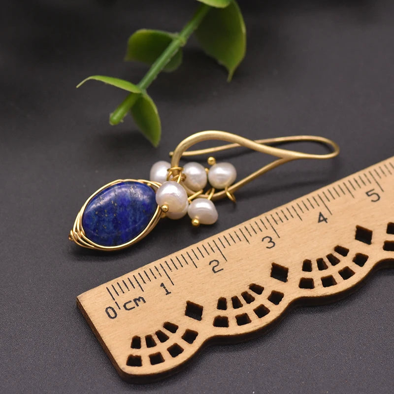 GLSEEVO Natural lapis lazuli Pearl Temperament Drop Earrings Women Girls Party Gift Original Design Luxury Jewellery Gift GE0988