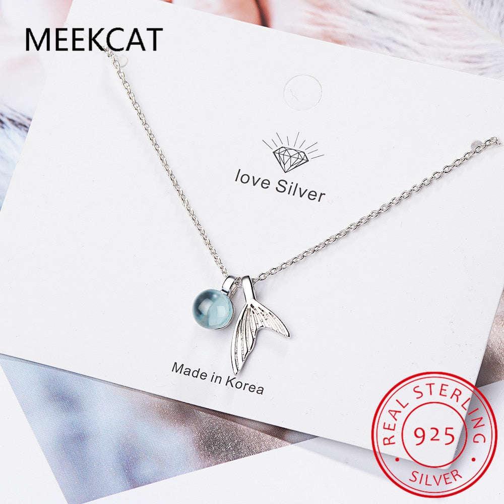 MEEKCAT 925 Sterling Silver Mermaid Pendant Necklace Blue Crystal Necklace Colar de Prata For Women Fine Jewelry New 2021 - Charlie Dolly