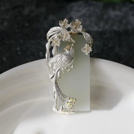 Silver-Inlaid Natural Hetian Jade Phoenix Clavicle Necklace, Ethnic Wedding Talisman