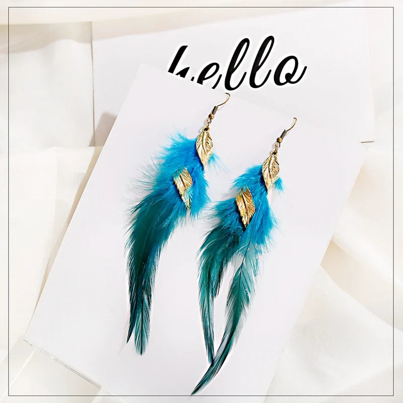 Summer Boho Feather Earrings For Women Kolczyki 2022 Gold Color Leaf Pendant Blue Pink Long Earrings Brinco Feminino