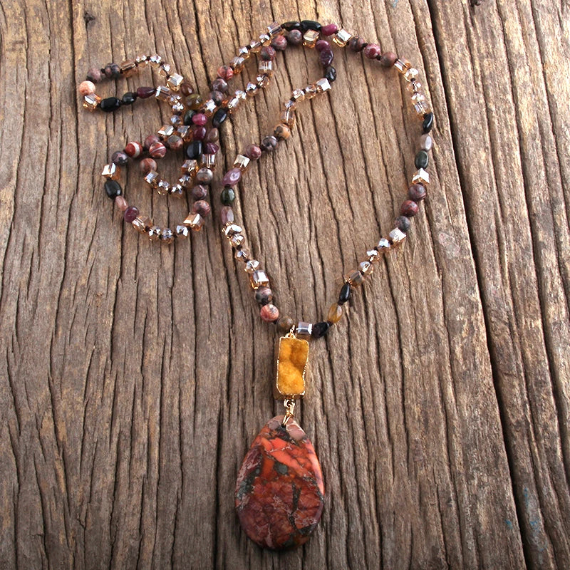 RH Fashion Bohemian Jewelry Natural Random Shape Stones With Druzy Links Semi Precious Pendant Necklaces For Women Boho Gift