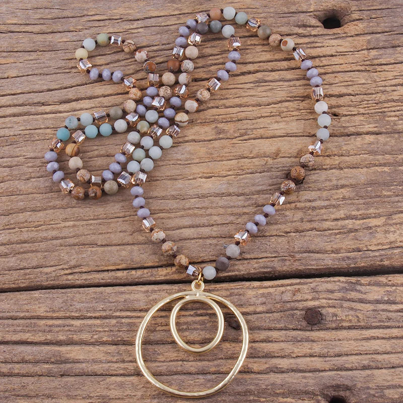 Round Pendant Knotted Stone Necklace Jewelry