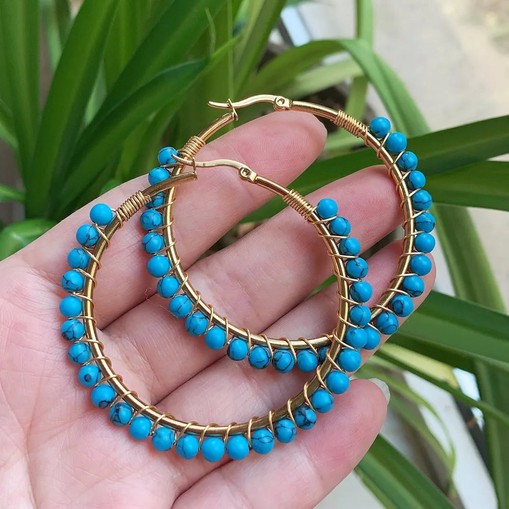 50mm Large Natural Stone Earrings for Women Ear Ring Agates Crystal Gold Plated Stainless Steel Circle Hoop Earring Boho Jewelry