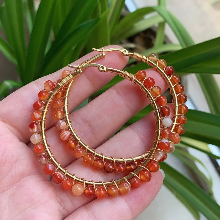 50mm Large Natural Stone Earrings for Women Ear Ring Agates Crystal Gold Plated Stainless Steel Circle Hoop Earring Boho Jewelry - Charlie Dolly