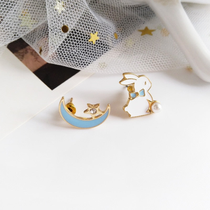 Cute Fashion Asymmetric Cat Rabbit Moon Star Stud Earrings For Women Girls Fan Flower Heart Fish Eardrop Wedding Dangle Jewelry - Charlie Dolly