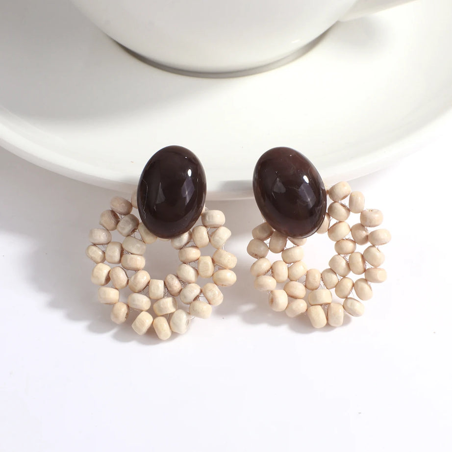 Wooden Rattan Braid Geometric Drop Earrings Jewelry