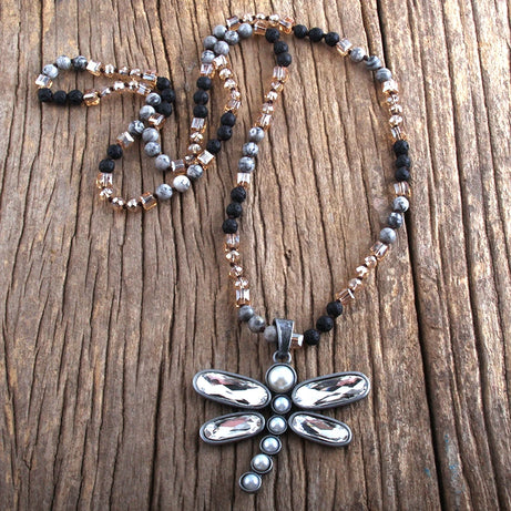 Dragonfly Long Knotted Stone Necklace Jewelry