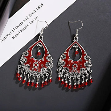 خمر الخرز الأحمر شرابة أقراط الزفاف الهندي Jhumka العتيقة بوهو الفضة اللون زهرة منحوتة إسقاط أقراط Brincos مجوهرات