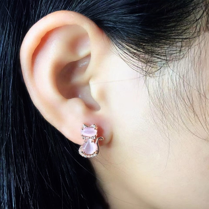 HuiSept Trendy 925 Silver Earrings Cat Shape Pink Rose Quartz Zircon Gemstones Jewelry Stud Earrings for Women Wedding Wholesale