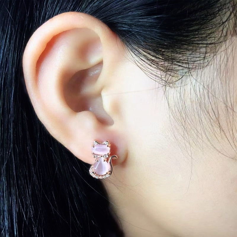 HuiSept Trendy 925 Silver Earrings Cat Shape Pink Rose Quartz Zircon Gemstones Jewelry Stud Earrings for Women Wedding Wholesale - Charlie Dolly