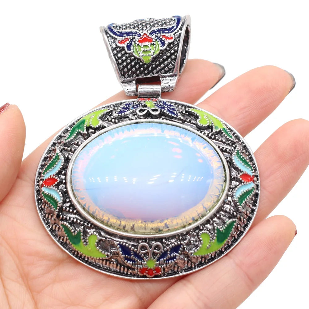 Vintage Ethnic Natural Stone Crystal Agates Charms Elliptical Boho Abalone Shell Pendant for Jewelry Making DIY Necklace Gift