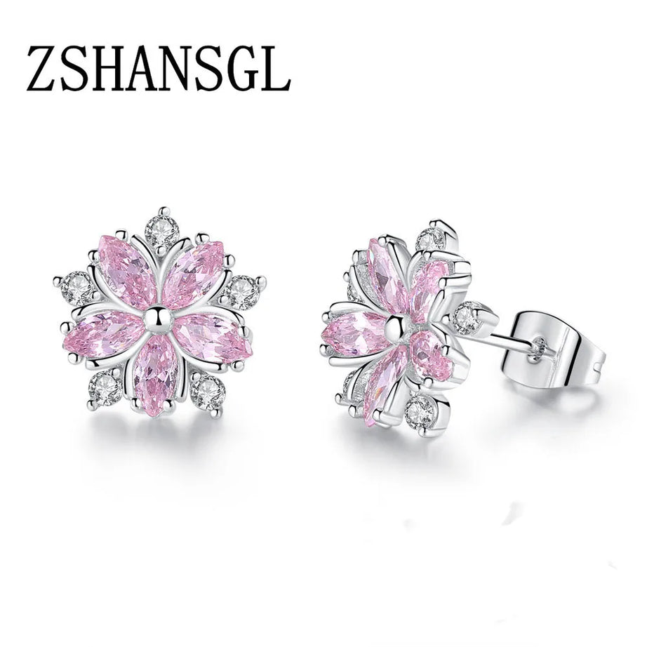 Pink Crystal Sakura Snowflake Stud Earrings Jewelry
