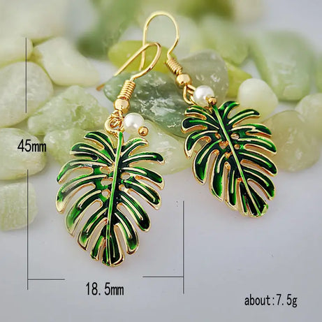 Green Enamel Coconut Leaf Pearl Drop Earrings Jewelry