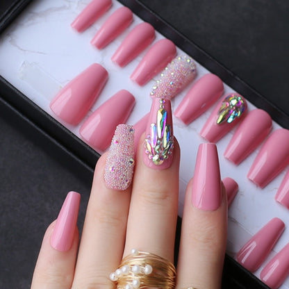 pink coffin crystal bling false nails Acrylic nails ballet caviar Design nails Custom logo with Adhesive tabs sticker