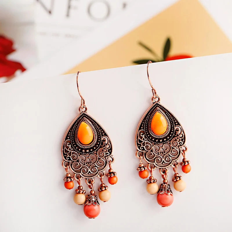Bohemian Orange Beaded Tassel Drop Earrings Ethnic Carved Alloy For Women Vintage Stone Boho Ladies Earrings