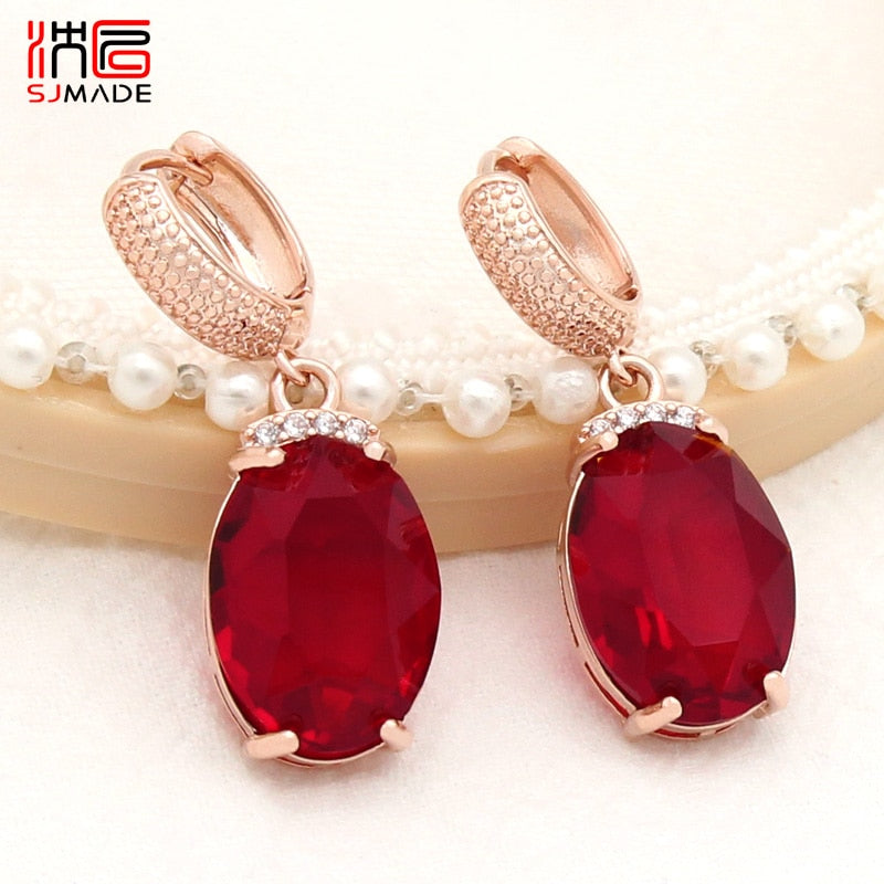 SHENJIANG New Fashion Oval Large Pink Opal Dangle Earrings For Women Wedding Jewelry 585 Rose Gold Color Zirconia Eardrop - Charlie Dolly