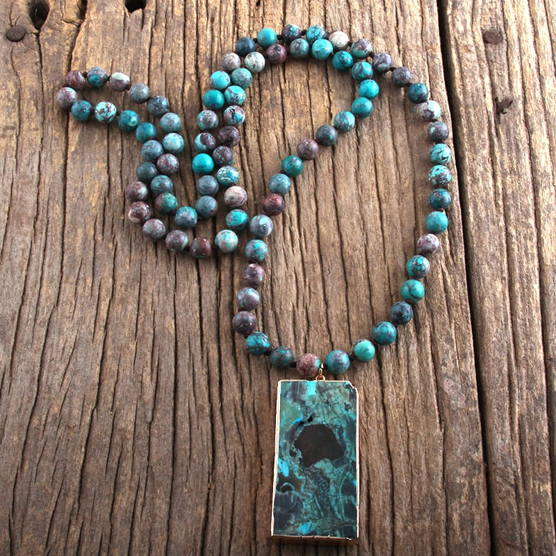 RH Fashion Boho Jewelry Natural Stones Long Knotted Semi Precious Stone Rectangle Pendant Necklaces Women Bohemia Necklace Gift - Charlie Dolly
