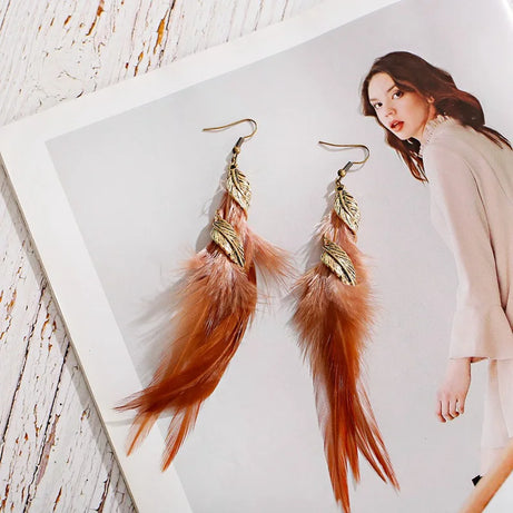 Gold Feather Leaf Long Boho Earrings Jewelry