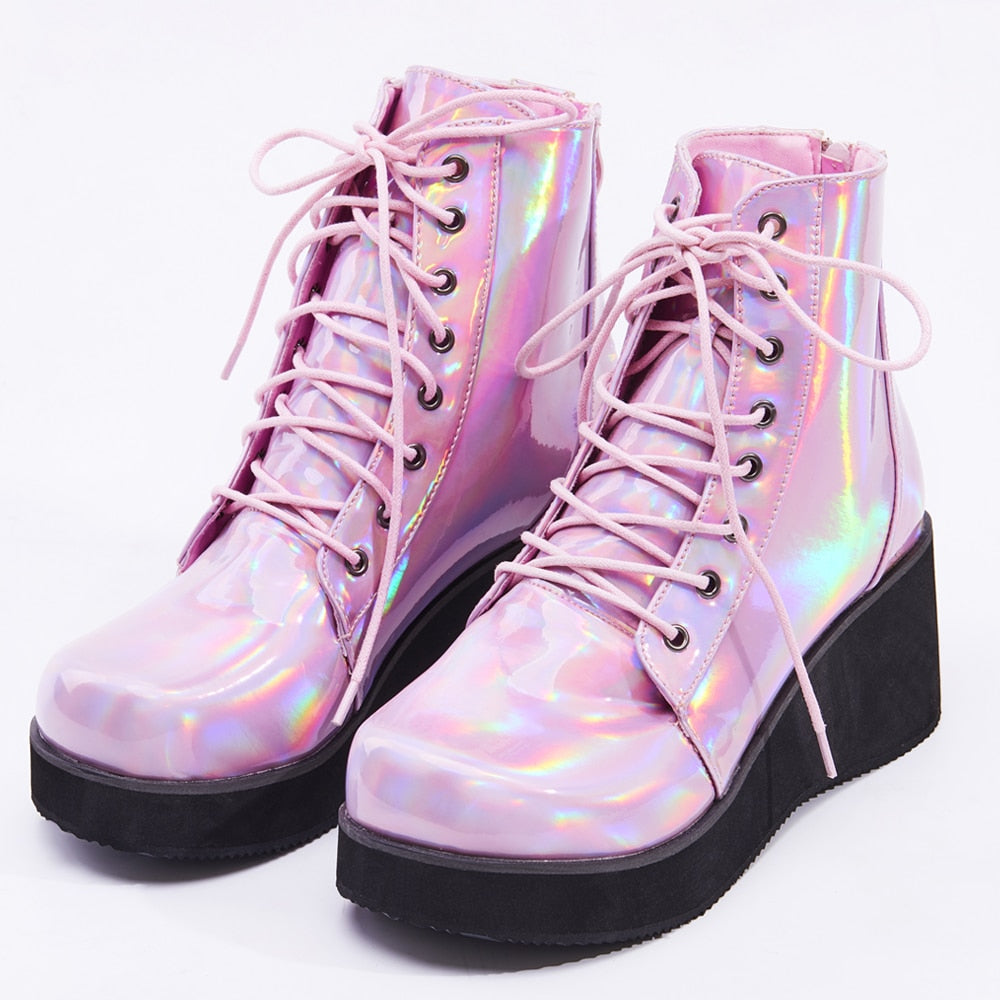 JIALUOWEI New Style Unisex's Shoes Punk Wedge Heel 7cm Pink Holographic Leather Halloween Costumes Gothic Ankle boots - Charlie Dolly