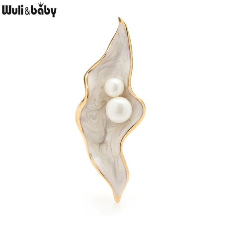 Pearl and Enamel Shell Flower Brooch Pin