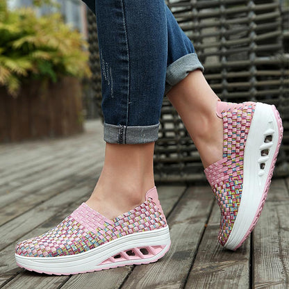 Summer Woven Platform Sneakers Sport Woman Sports Shoes Lady Running Shoes for Women Shoes Fitness Slimming Swing Pink  E-251