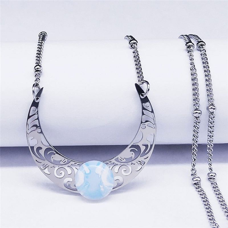 2023 Moon Moonstone Stainless Steel Chain Necklace Women Silver Color Pendants Necklaces Boho Jewelry bijoux femme N1129S04