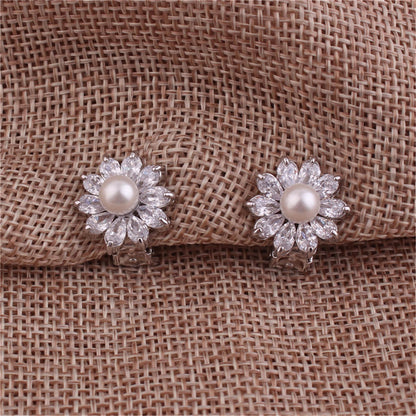 WENHQ New Cubic Zircon Pearl Clip on Earrings No Pierced for Women Girl Fashion Gold Color Flower Shape Ear Clip Fake Earrings