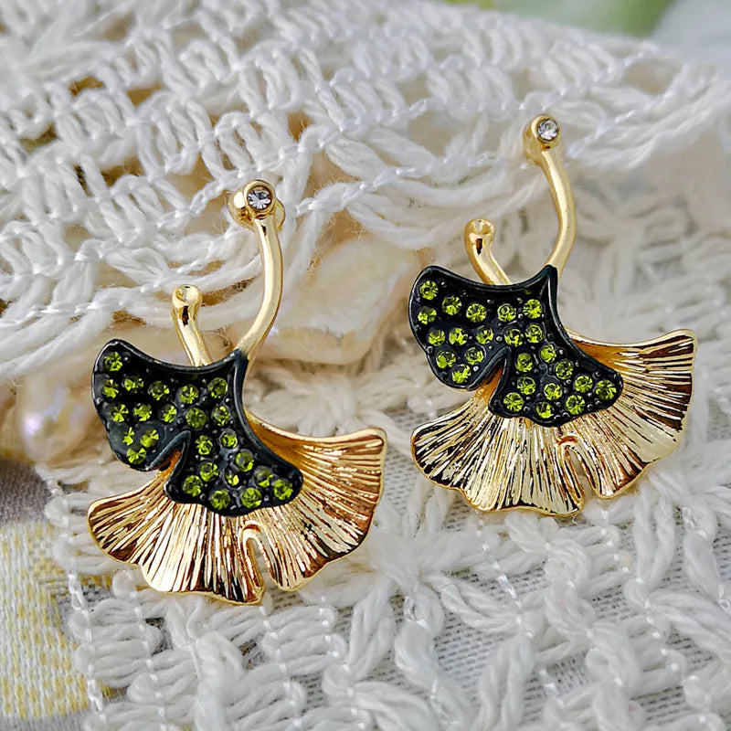 Boho Gold Color Earrings Green Crystal Ginkgo Biloba Double Leaves Drop  for Women Fashion Fine Jewelry O3D274
