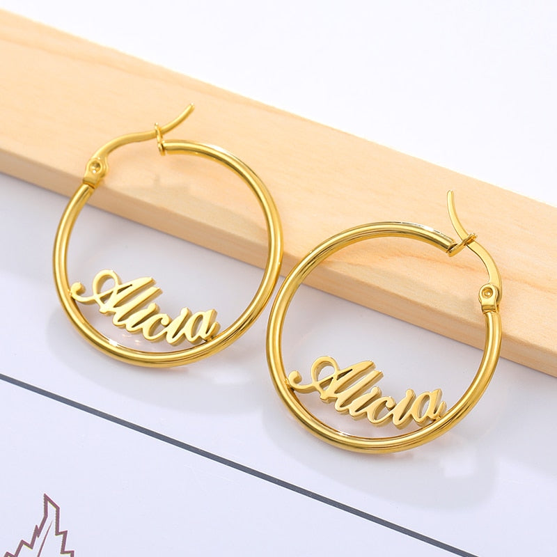 Personalized Name Stainless Steel Letter Stud Earrings For Women Fashion Custom Name Piercing Earrings Nameplate Open Round - Charlie Dolly