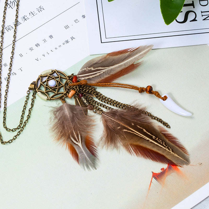 style Tassel Peacock Feather Bohemian Long Necklace Shell Sweater Leather Chain Jewelry Exaggerated Design - Charlie Dolly