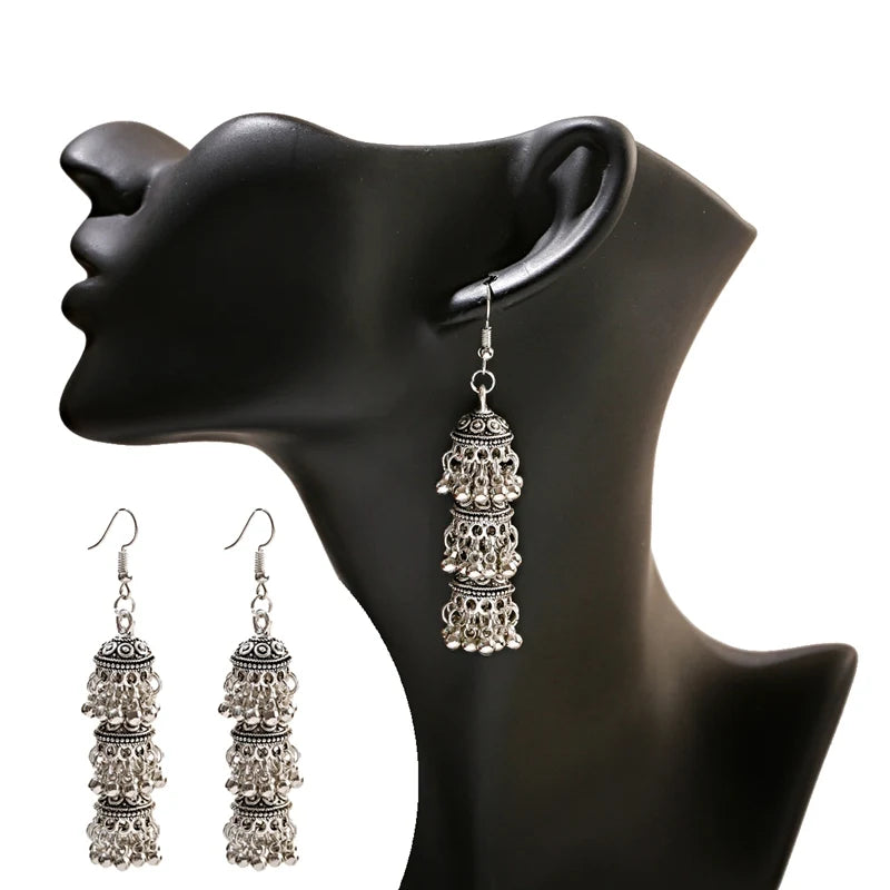 أقراط هندية على شكل أجراس فضية اللون عرقية للنساء أقراط Jhumka التركية العتيقة مجوهرات بوهو بيجو