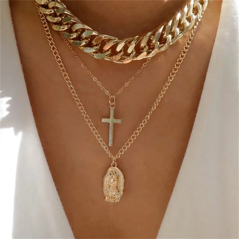 Gold Heart Multilayer Pendant Necklace Set Jewelry