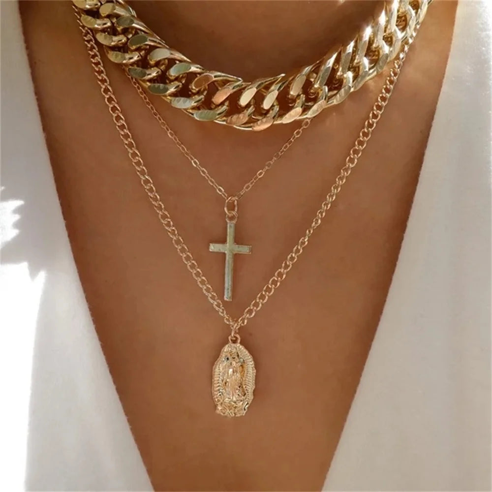 Gold Heart Multilayer Pendant Necklace Set Jewelry