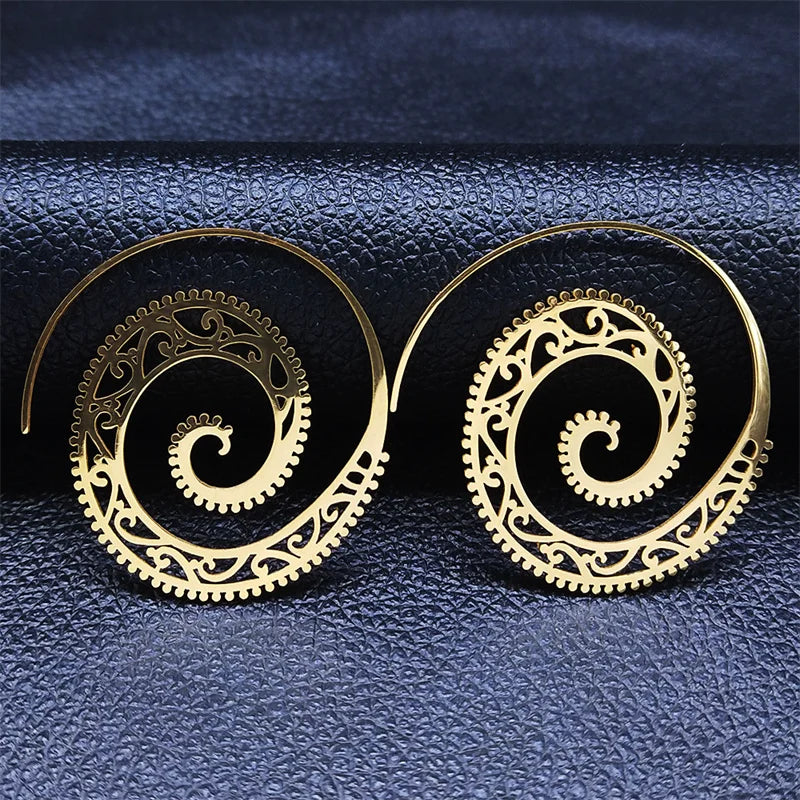 Indian Tribal Ethnic Stainless Steel Spiral Hoop Earrings Bohemian Mandala Flower Boho Earrings Women  Jewelry aros mujer E9205