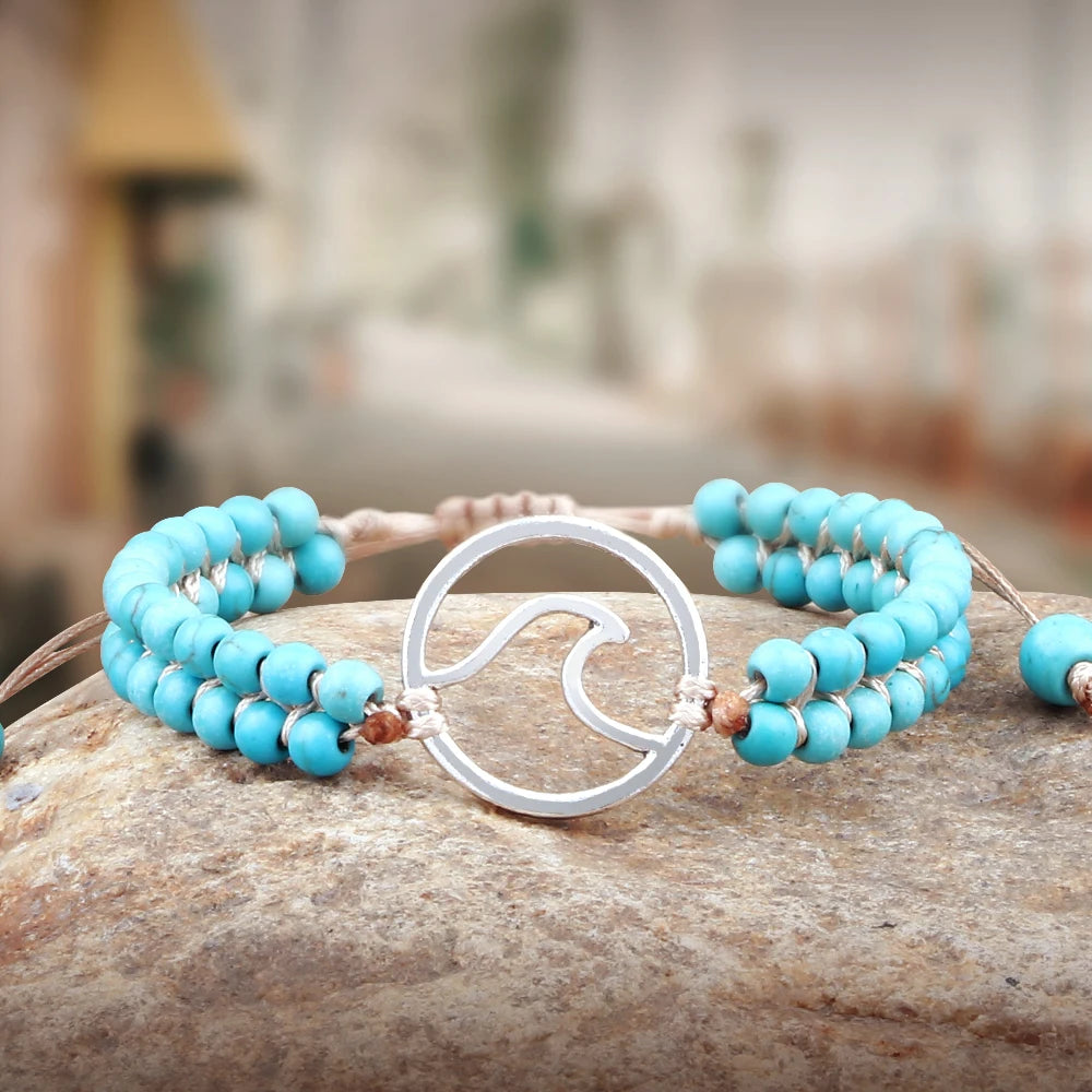 Boho Ocean Waves Bracelets Vintage Natural Stone Black Onyx Tiger Eye Beads Bracelet & Bangle Women Men Yoga Wristchain Jewelry
