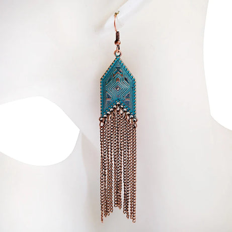 أقراط متدلية مصنوعة من سبائك البرونز العتيق للنساء أقراط Jhumka الهندية ذات سلسلة طويلة بوهو تريبل