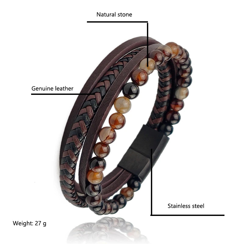 Boho Jewelry Beads Leather Charm Bracelet for Men Women Stainless Steel Natural Stone Rosary love Bracelet Bangle  Gift Wholesal