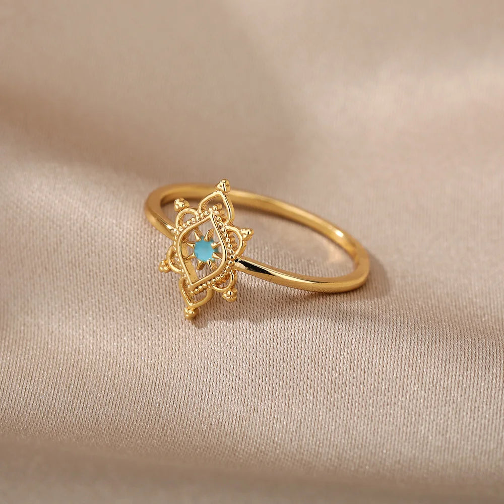 Hexagon Star Ring Blue Lotus Flower Rings For Women Gold Color Stainless Steel Opal Natural Stone Ring Boho Jewelry Gift
