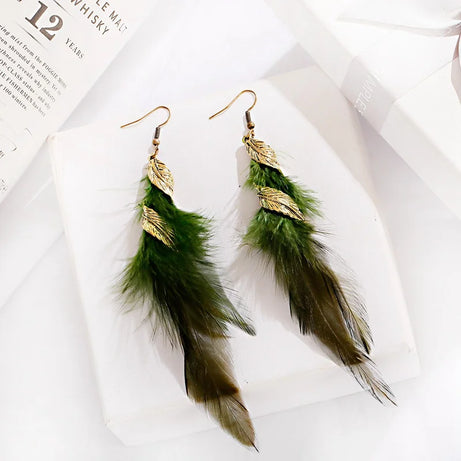 Gold Feather Leaf Long Boho Earrings Jewelry