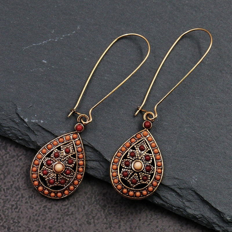 Exknl Fashion Vintage Drop Earrings For Women Alloy Crystal Ethnic Beads Boho Flower Earrings Colorful Dangle Earrings Jewelry