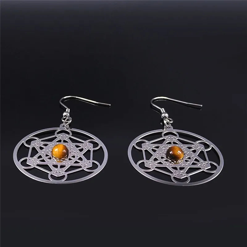 Boho Tiger Eye Metatron Tree Flower of Life Hamsa Hand Sacred Geometry Earring Stainless Steel Natural Stone Earrings Jewelry