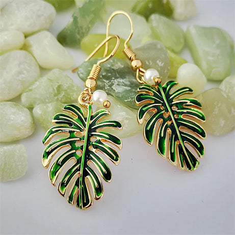 Green Enamel Coconut Leaf Pearl Drop Earrings Jewelry