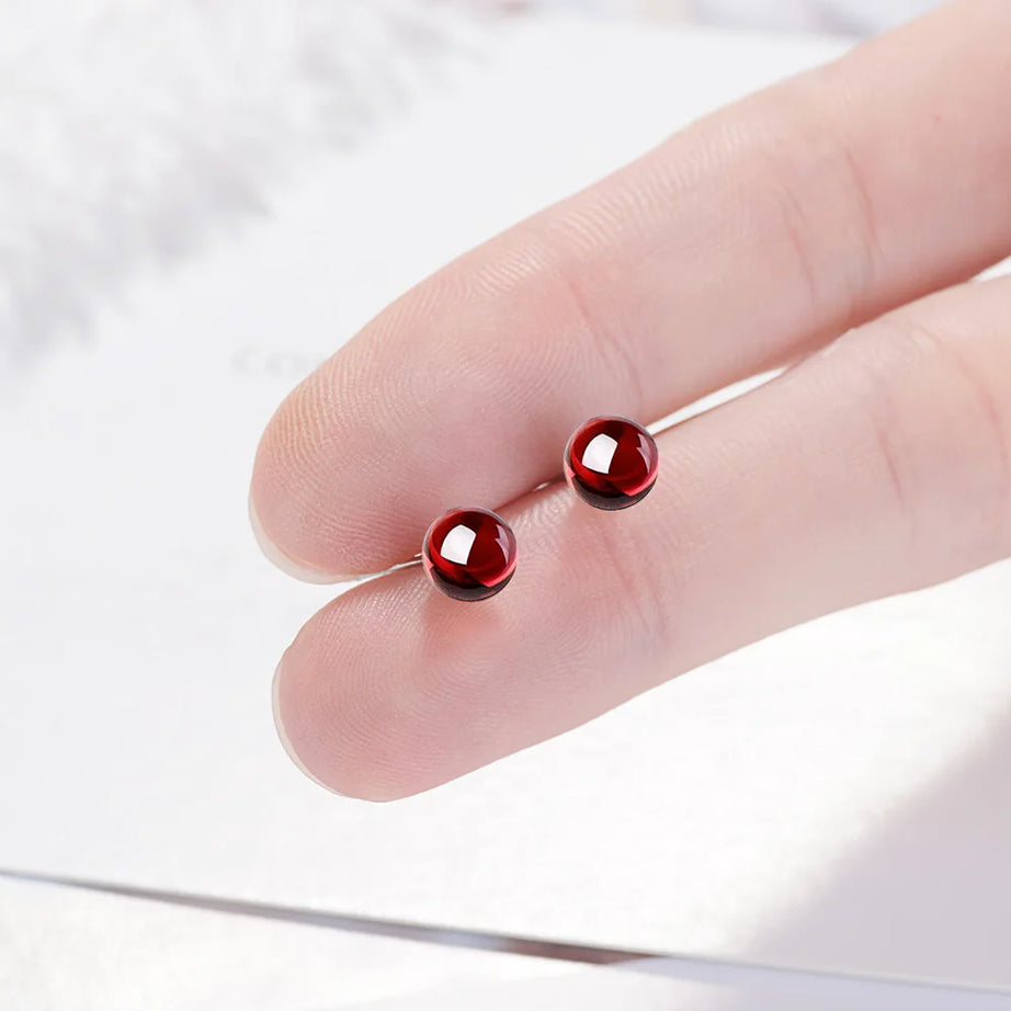 Natural Garnet Stud Earrings, 925 Silver Minimalist Everyday Jewelry