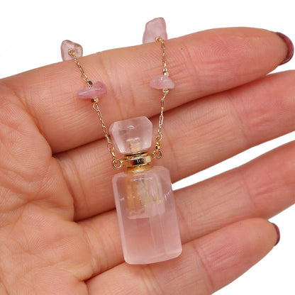 Natural Stone Perfume Bottle Necklace Pink Quartz Pendant Charms For Elegant Women Love Romantic Gift 60 CM