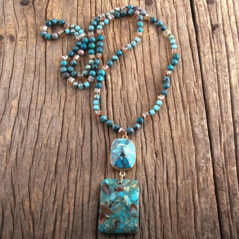 RH Fashion Bohemian Jewelry Natural Stones Crystal Stone Knotted Semi Precious Stone Boho Multi Pendant Necklace Women Gift