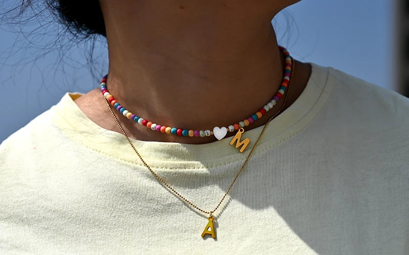 Colorful Beads Initial Choker for Women Stainless Steel Letter Pendant Necklace Fashion Shell Heart Jewelry Boho Accessories