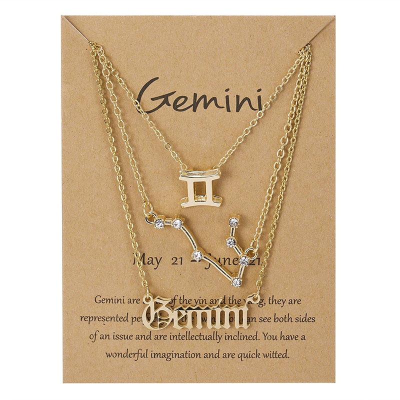 3Pcs/set 12 Zodiac Sign Necklace For Women 12 Constellation Pendant Chain Choker Birthday Jewelry With Cardboard Card - Charlie Dolly